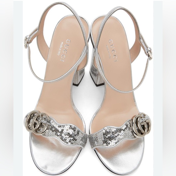 Gucci Silver Sequin Marmont Block Heeled Ankle Strap Sandals Size 37 - Picture 1 of 6
